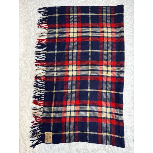 1960s CarlDyke Tartan Wool Stadium Blanket Red Navy Plaid Fringe 51x38 - Picture 8 of 12